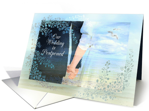 Wedding is Postponed, Bride and Groom Hand in Hand at Beach card