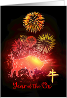 Happy Chinese New Year of the Ox with Bull and Fireworks card