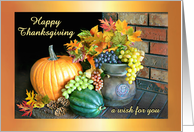 Happy Thanksgiving Autumn Leaves Pumpkin on Fireplace Hearth card