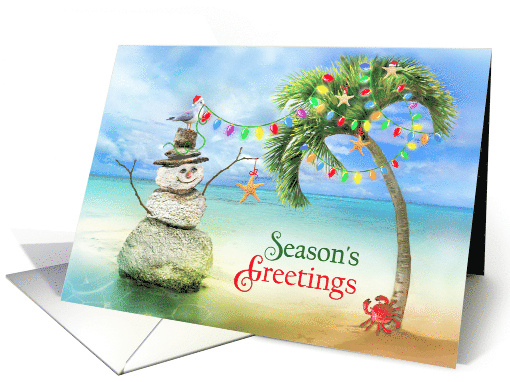 Tropical Beach Christmas Season's Greetings Snowman Palm Tree card