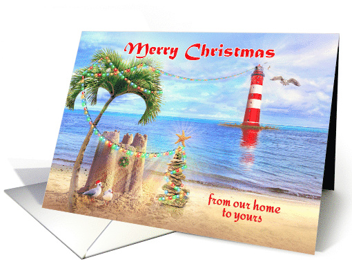 Tropical Merry Christmas Seagulls with Lighthouse and Palm Tree card