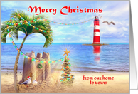 Tropical Merry Christmas Seagulls with Lighthouse and Palm Tree card