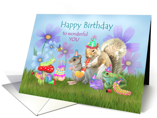 Happy Birthday with Caterpillar Squirrel Mouse Toad and Ladybugs card