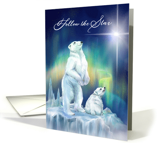 Polar Bears Follow the Christmas Star with Northern Lights card