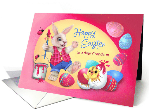 Happy Easter to Grandson with Bunny Painting Eggs and Chick card