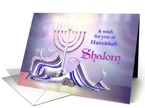 Shalom Hanukkah with Menorah Prayer Shawl and Dreidels Chanukah card