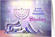 Shalom Hanukkah with Menorah Prayer Shawl and Dreidels Chanukah card