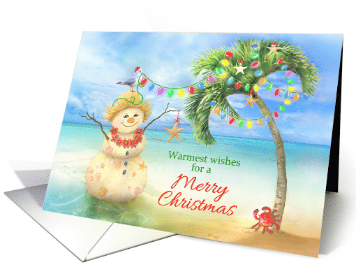 Merry Christmas Sand Person under Palm Tree with Lights on Beach card