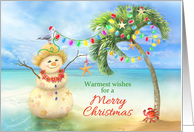 Merry Christmas Sand Person under Palm Tree with Lights on Beach card