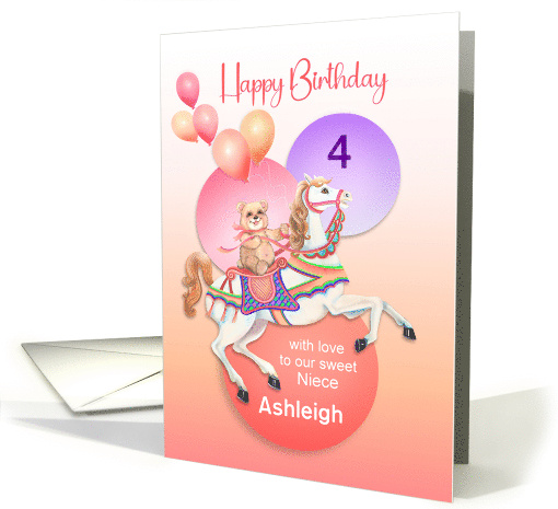Custom Niece 4th Birthday Carousel Horse and Teddy Bear card (1818364)