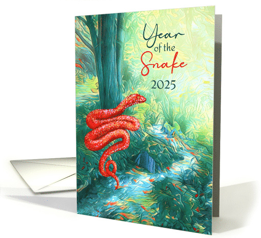 Red Snake near Blue Tree and Stream 2025 Year of the Snake card