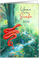 Red Snake near Blue Tree and Stream 2025 Year of the Snake card