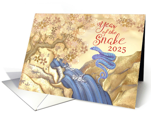 2025 Chinese New Year of the Snake with Blue Snake by Waterfall card