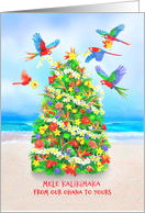 Tropical Christmas Tree with Parrots and Hawaiian Greeting from Family card