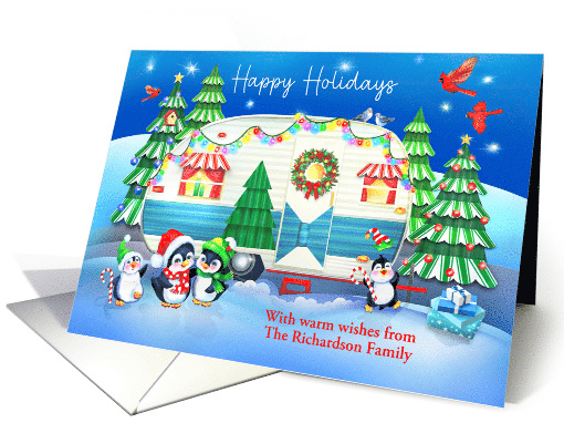 Custom Happy Holidays Penguins with Vintage Camper and Birds card