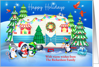 Custom Happy Holidays Penguins with Vintage Camper and Birds card