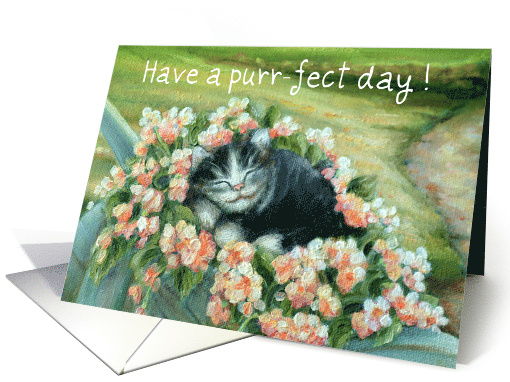 Happy Birthday, Dreamy Kitty Cat in Wheelbarrow of Flowers card