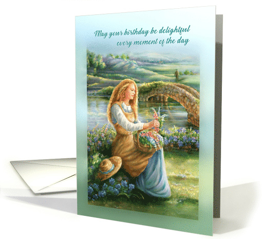 Happy Birthday, Dreamy Woman with Flower Basket by a Stream card