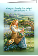 Happy Birthday, Dreamy Woman with Flower Basket by a Stream card