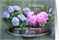 1st Wedding Anniversary Congratulations, Hydrangeas & Peonies card