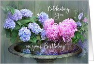Happy Birthday, Hydrangeas and Peonies with Birdbath card