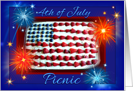 4th of July Invitation, Picnic, Cake and Fireworks card