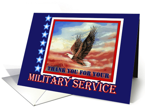 Thank You for Military Service with Flying Eagle Sunset like Flag card