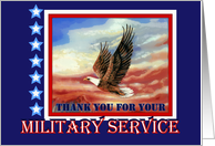 Thank You for Military Service with Flying Eagle Sunset like Flag card