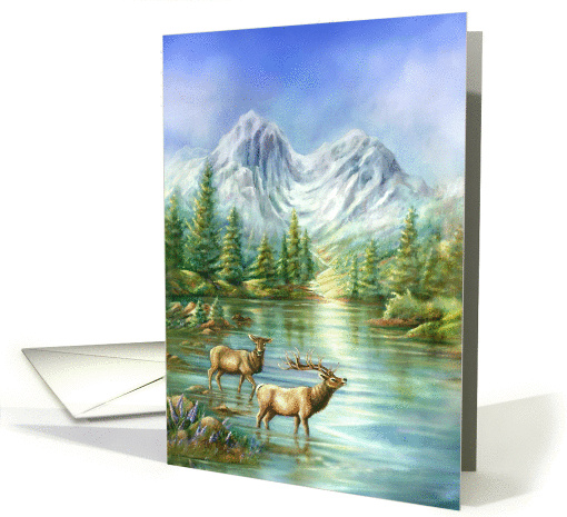 Morning Light, Elks and Mountain Lake, Original Art Blank card