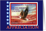 Military Appreciation Parents of Daughter in Military Service Thanks card