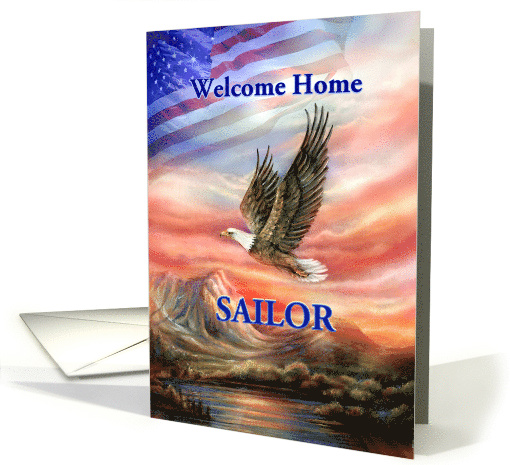 Sailor Welcome Home Flying Eagle and American Flag Sunset card