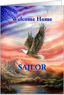 Sailor Welcome Home Flying Eagle and American Flag Sunset card