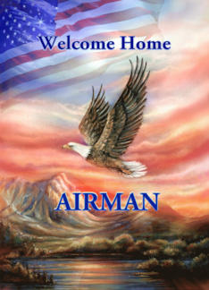 Airman Welcome Home Flying Eagle and Flag Sunset