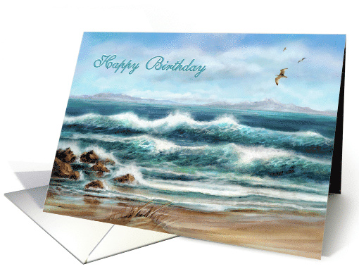 Happy Birthday Aqua Seascape with Seagulls card (819208)