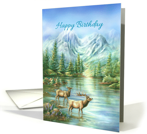 Happy Birthday Snowy Mountain Lake and Elk Birthday for Anyone card