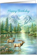 Happy Birthday Snowy Mountain Lake and Elk Birthday for Anyone card