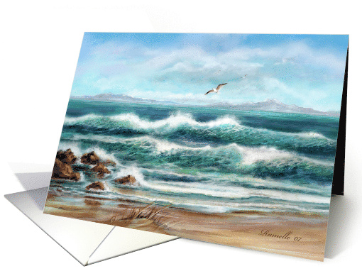 Blue and Aqua Ocean Waves and Seagulls Seascape Blank card (824656)