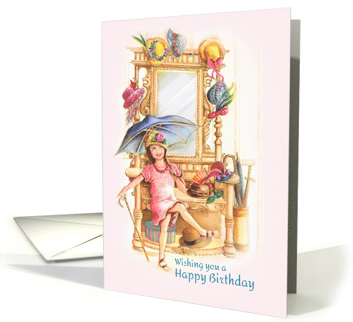 Happy Birthday to a Sweet Girl Dancing with Hats and Umbrella card