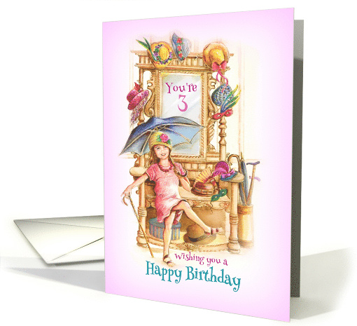 Happy 3rd Birthday Girl with Hats Umbrella and Antique Halltree card