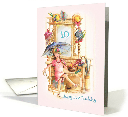 Happy 10th Birthday Dancing Girl with Antique Hats on Hall Tree card