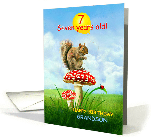 7 Year Old Grandson, Happy 7th Birthday, Squirrel on Toadstool card