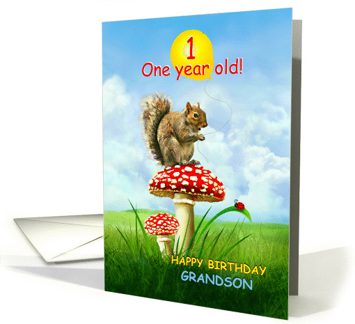 1 Year Old Grandson, Happy 1st Birthday, Squirrel on Toadstool card