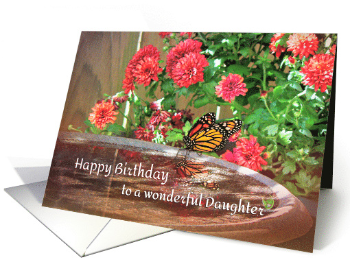 Daughter Happy Birthday Red Mums and Monarch Butterfly & Birdbath card