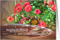 Daughter Happy Birthday Red Mums and Monarch Butterfly & Birdbath card