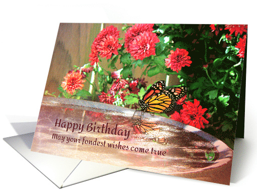 Happy Birthday Red Mums and Monarch Butterfly at Birdbath card