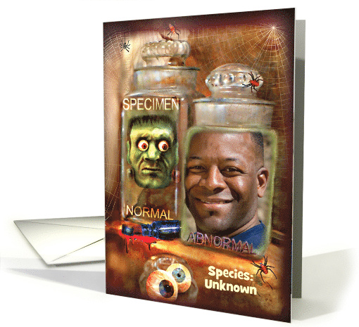Creepy Specimen in Jar, Funny Halloween Photo Card for Zombie card