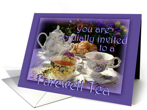 Farewell Tea Invitation, Vintage Tea Pot, Cups and Saucers card