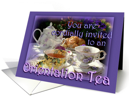Orientation Tea Invitation, Vintage Tea Pot, Cups and Saucers card