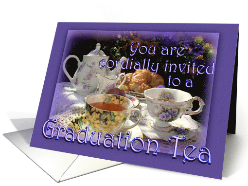 Graduation Tea Invitation, Vintage Tea Pot, Cups and Saucers card