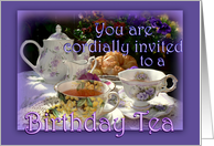 Birthday Tea Invitation, Vintage Tea Pot, Cups and Saucers card